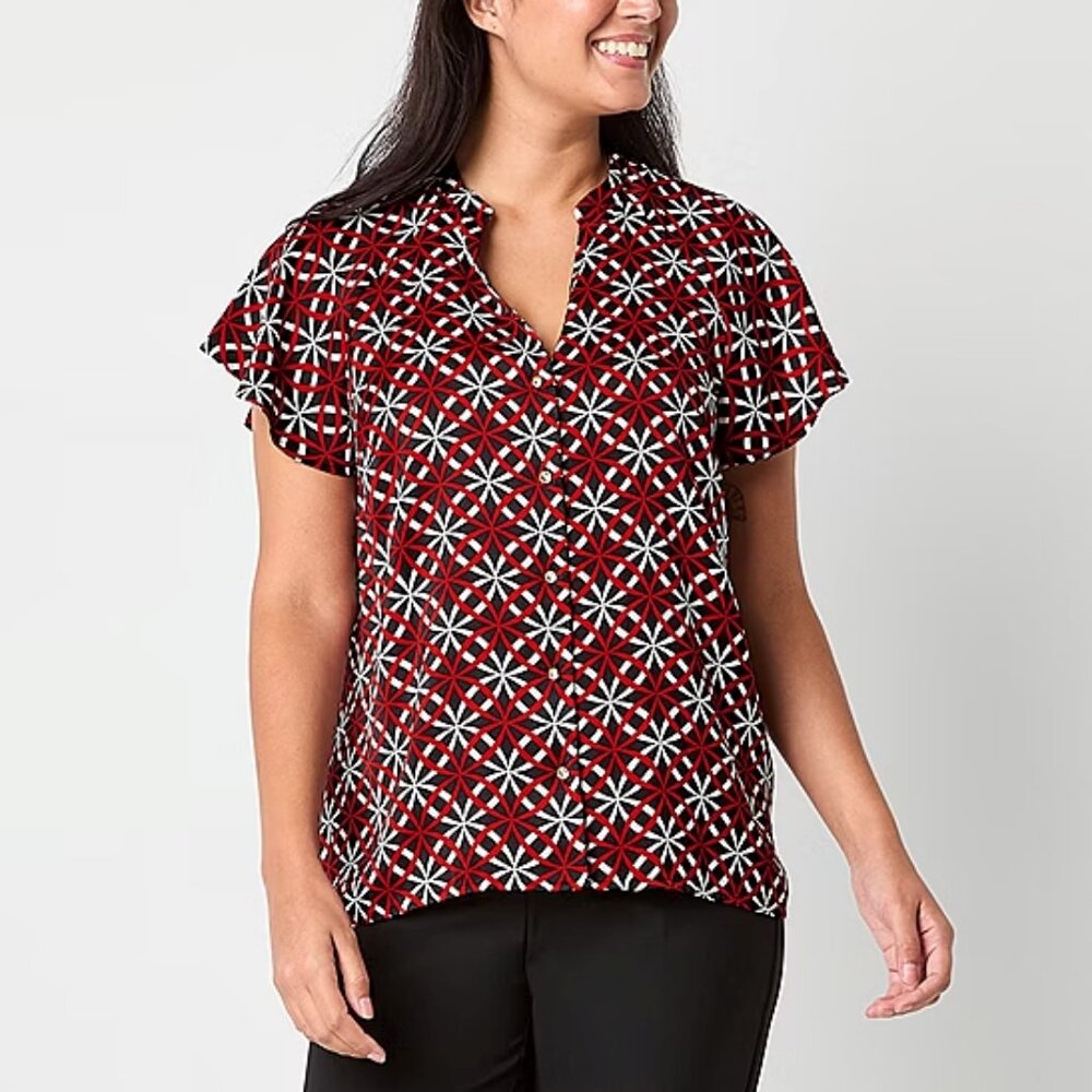 Liz Claiborne Womens Split Crew Neck Short Sleeve Satin Blouse - Sz L 925272